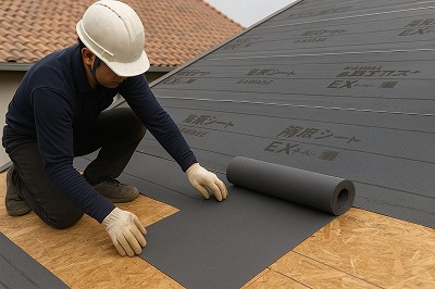 生駒市の屋根葺き替え工事で改質アスファルトルーフィングを丁寧に施工する職人の様子