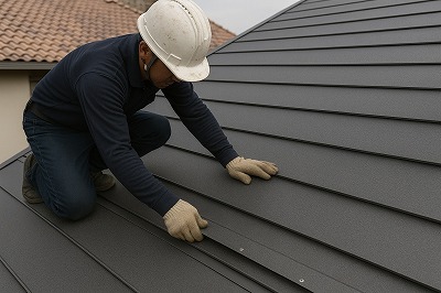 生駒市の屋根葺き替え工事でスーパーガルテクトを取り付けている施工中の様子