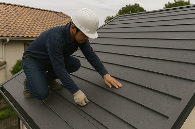 生駒市の屋根葺き替え工事で完成したスーパーガルテクト屋根を最終点検する職人