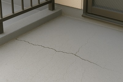 奈良市のベランダ床に細かいクラックが広がり、防水層が劣化してひび割れが発生している状態を写した写真