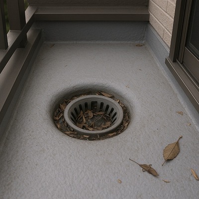 奈良市のベランダの排水口に落ち葉やゴミが詰まり、ドレンが塞がれて排水不良を起こしている状況の写真