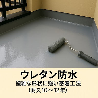 ベランダ床にウレタン防水材をローラーで均一に塗り広げている施工中の写真