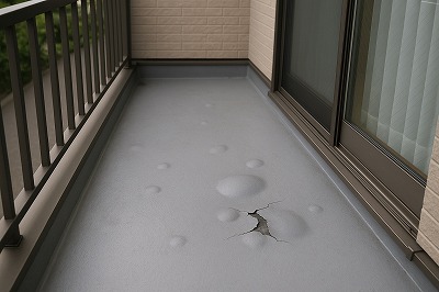 奈良市のベランダで防水層が膨れ上がり、複数の凹凸と一部の剥がれ・亀裂が発生している様子を写した写真