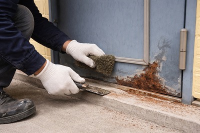 奈良市ハイツの玄関ドア塗装工事にて剥がれた塗膜とサビをケレン作業で丁寧に除去している施工中の様子