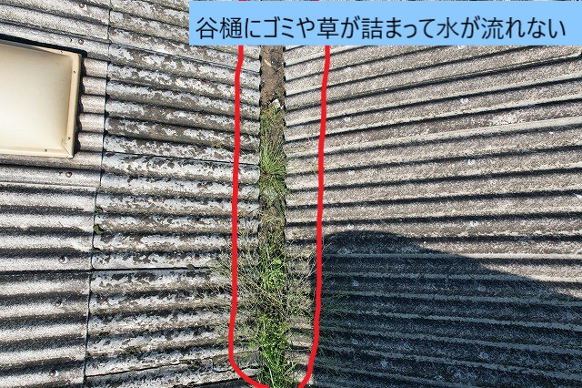 谷樋にゴミが詰まって流れない