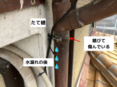 生駒市　たて樋水漏れの跡