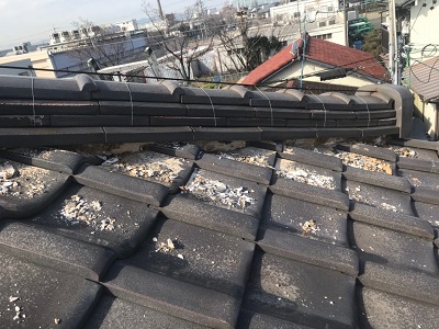 軒天、屋根棟漆喰の施工中の様子