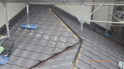 台風被害のあったお宅の南蛮漆喰施工中の様子