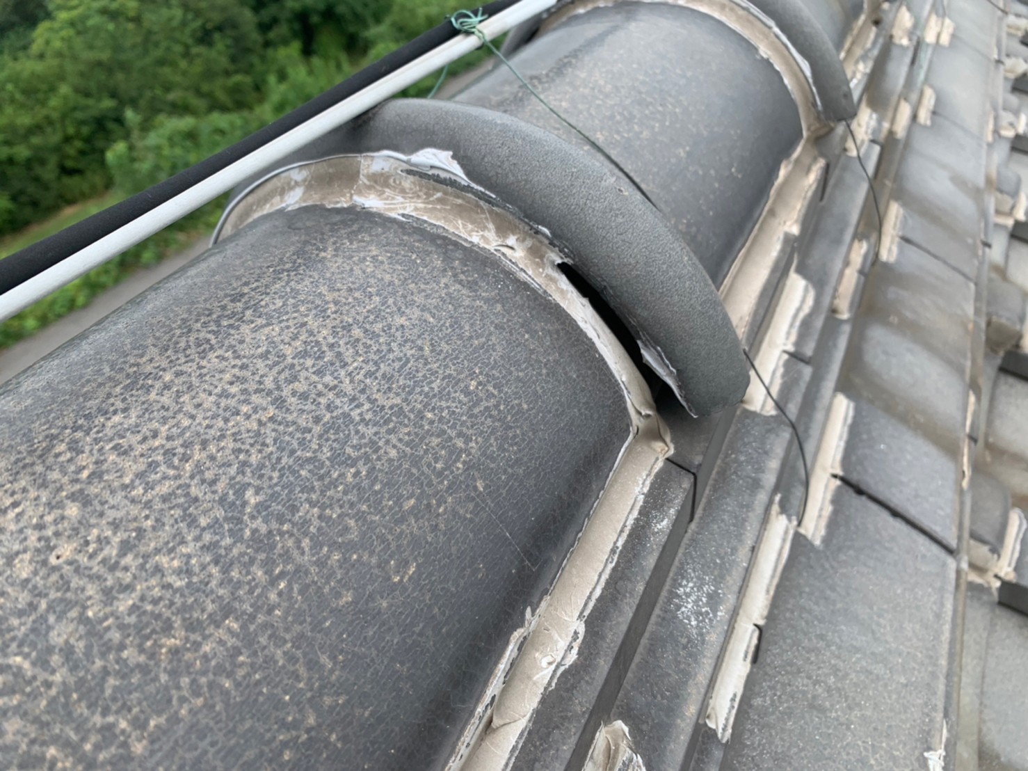 千切れたシーリングと苔むした漆喰