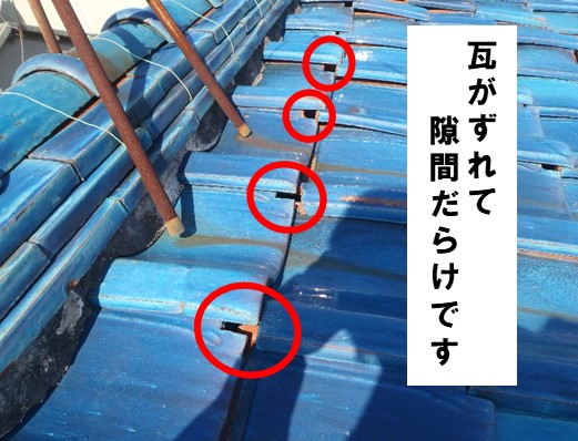 瓦がズレて隙間だらけ