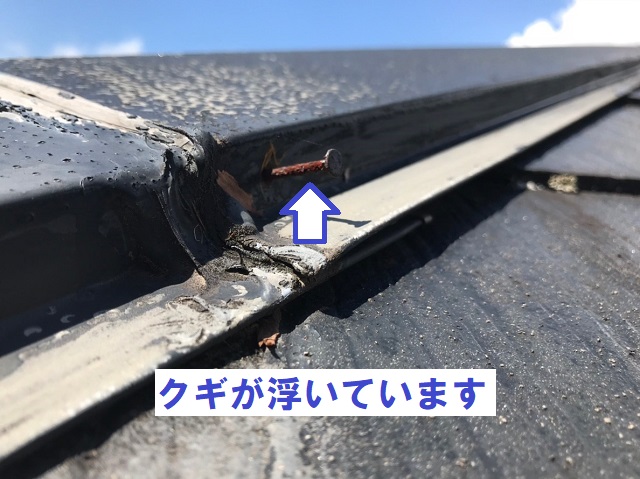 名張市　棟板金の釘　浮き