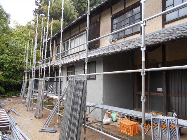 岡山県久米南町　屋根工事　屋根リフォーム　養生足場設置