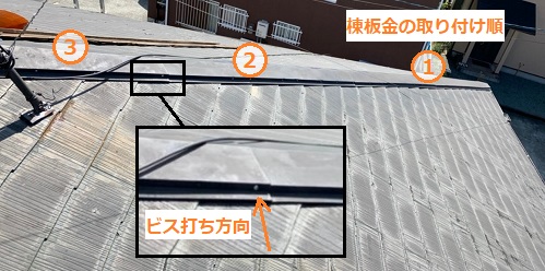 棟板金　取り付け順　ビス打ち方向