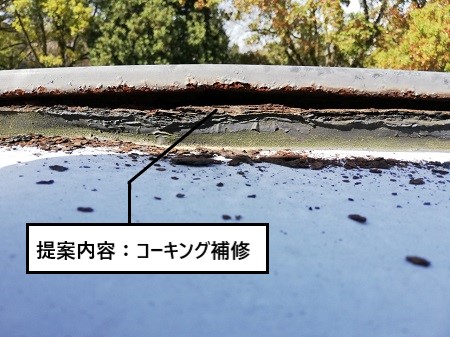 かまぼこ型の庇　雨漏り補修工事　コーキング