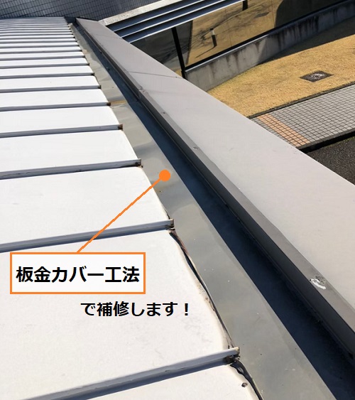庇の雨樋　雨漏り　板金カバー工法