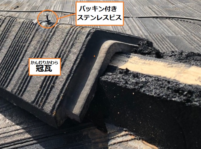 強化棟工法　冠瓦　ビス固定　パッキン付きステンレスビス