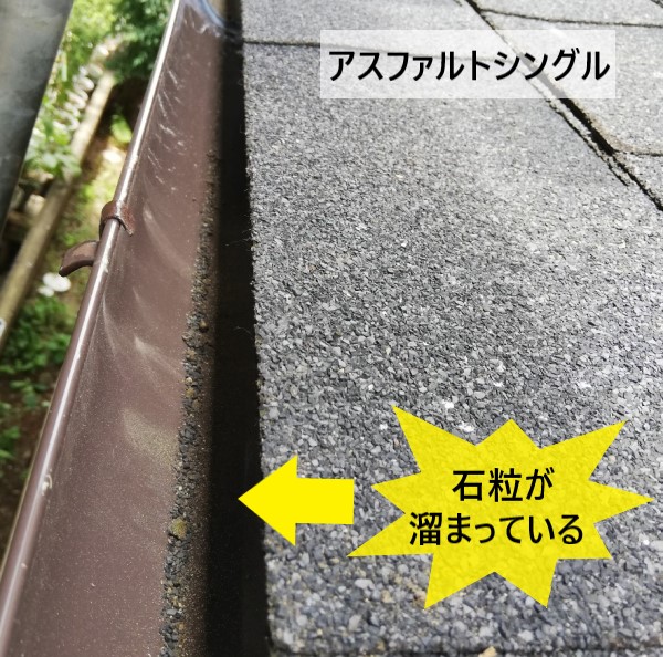 アスファルトシングルの石粒が軒樋に溜まっている