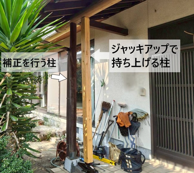 ジャッキアップで持ち上げる柱と補正を行う柱