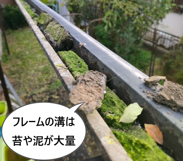 テラス屋根のフレームの溝に苔や泥が大量に溜まっている