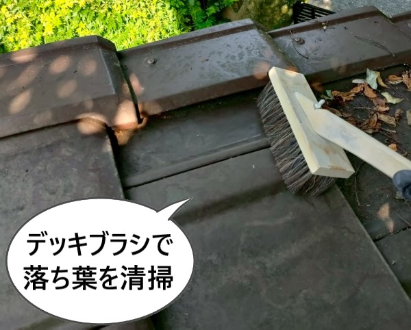 デッキブラシで落ち葉を清掃します