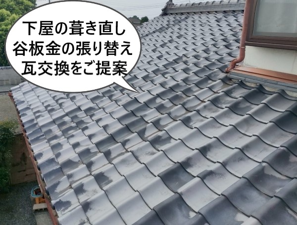 下屋の葺き直しと谷板金張り替えと瓦交換をご提案
