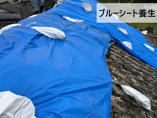 令和8年熊本地震で被害を受けた瓦屋根にブルーシート養生