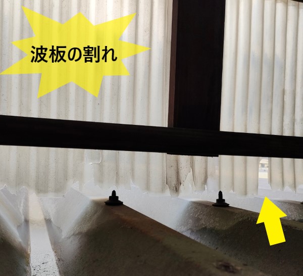 倉庫壁面の波板が割れている