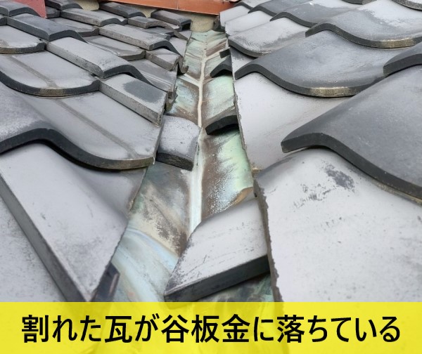 割れた瓦が谷板金に落ちている
