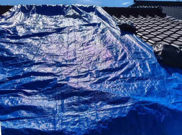 地震被害を受けた瓦屋根にブルーシート養生　平瓦部
