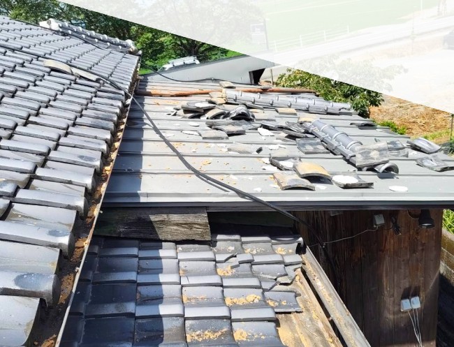 大棟から瓦が落下して下屋の板金屋根に直撃