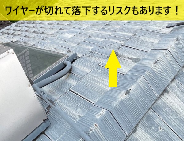 太陽熱温水器を固定しているワイヤーが切れて落下するリスクもあります