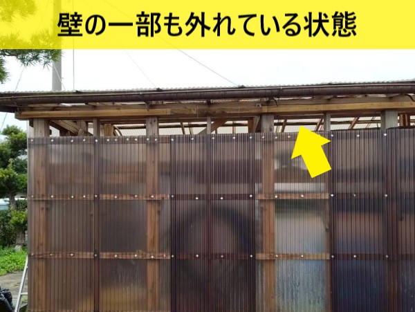 小屋の壁の波板も一部外れている