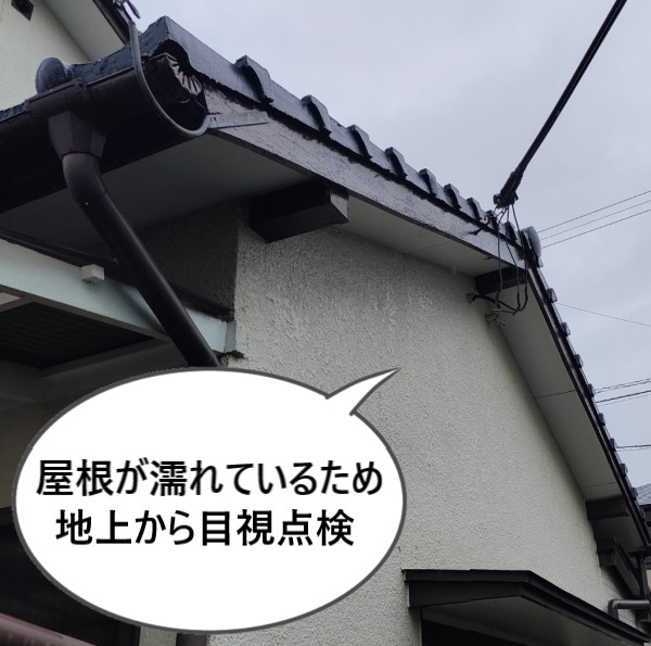 屋根が濡れているため、地上から目視点検します