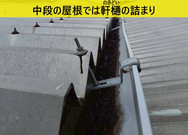 工場の折板屋根　中段の屋根に取り付けられた軒樋に泥が詰まっている