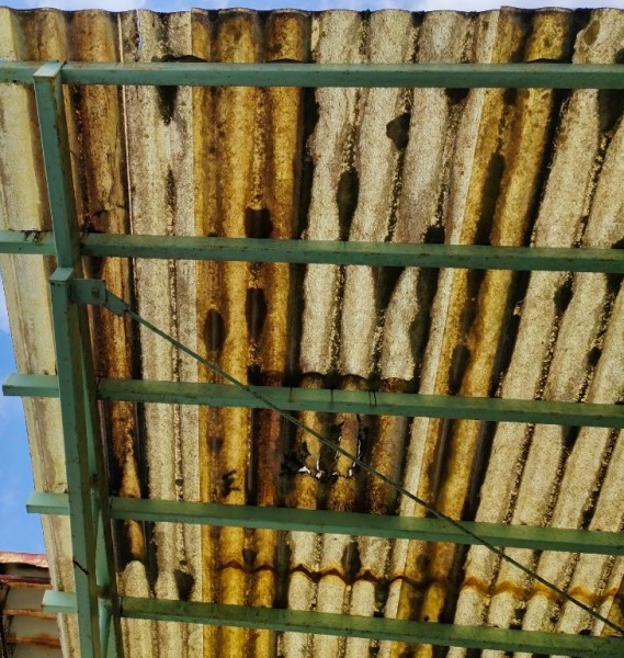 庇の波板屋根が老朽化で穴あきができている