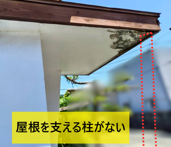 庇屋根を支える柱がないため、軒先が下がっている
