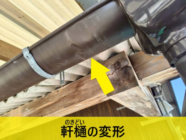 店舗の軒樋が変形している