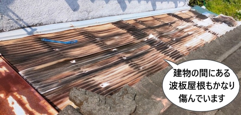 建物の間にある塩ビ製波板屋根もかなり傷んでいます