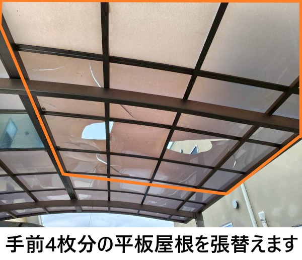 手前4枚分のカーポート平板屋根を張替えます