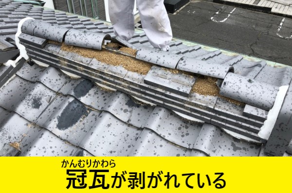 棟が崩壊して冠瓦が剥がれている