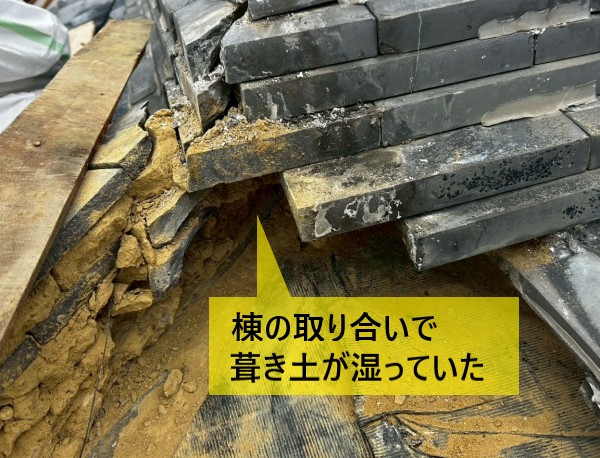 棟の取り合い部分で葺き土が湿っている