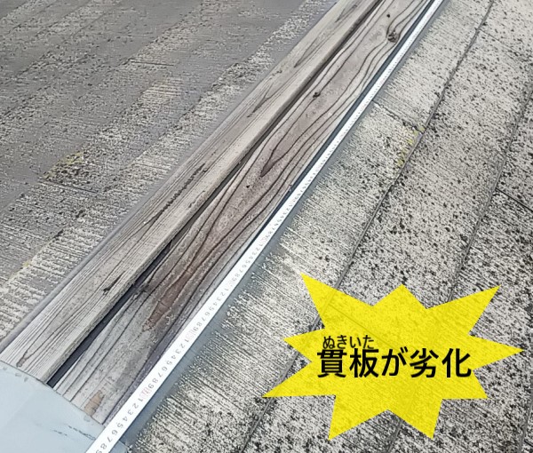 棟板金の下地材である貫板が劣化しています