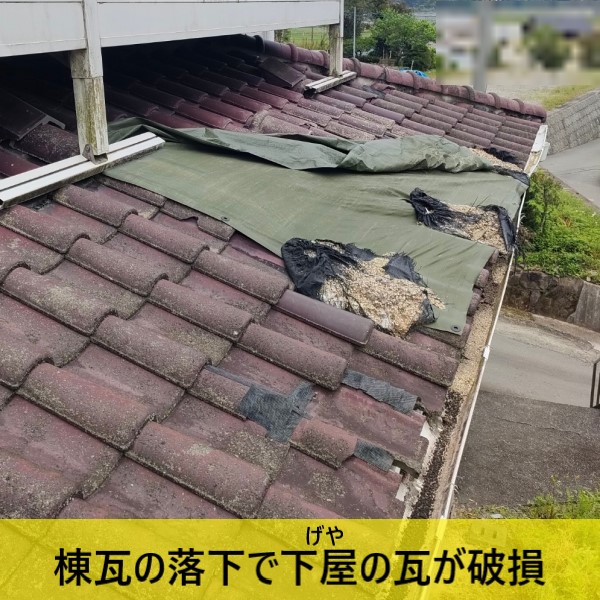 棟瓦の落下で下屋の瓦が破損