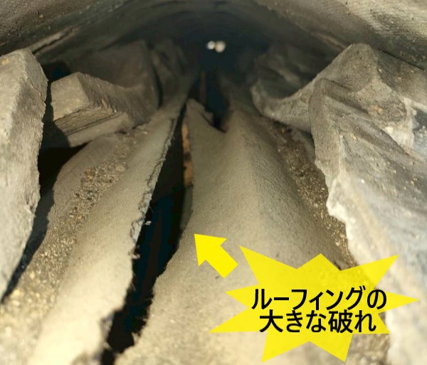 棟部分のルーフィングの大きな破れ