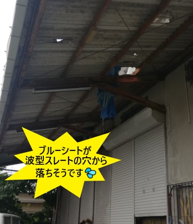 波型スレートの応急処置のブルーシートが落ちそう