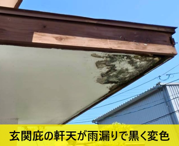 玄関庇の軒天が雨漏りで黒く変色している