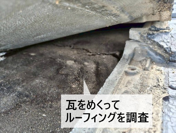 瓦をめくってルーフィングを調査している