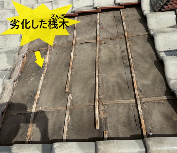 瓦を剥がすと劣化した桟木が出てきました