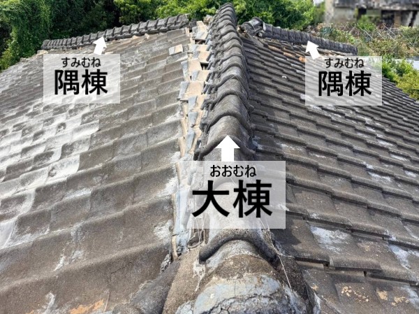 瓦屋根の大棟と隅棟が熊本地震で損壊している