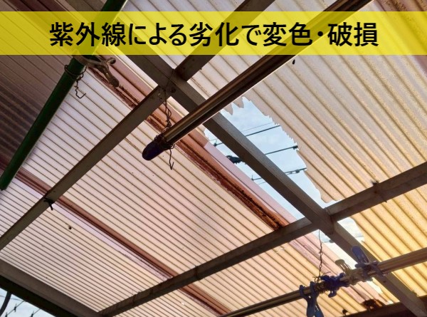 紫外線による劣化で変色・破損した塩ビ製波板屋根